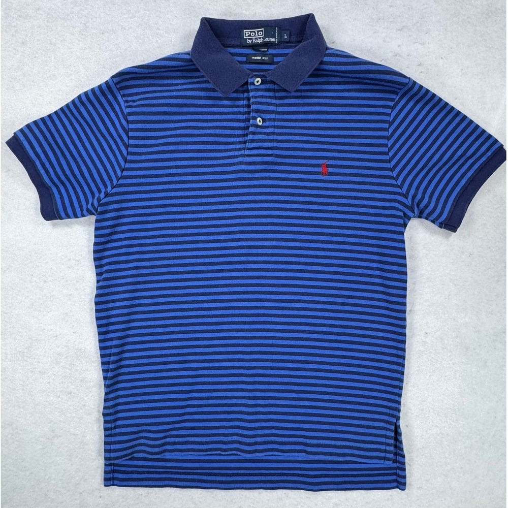 Polo Ralph Lauren Mens Trim Fit Striped‎ Polo Shirt Blue Red Pony Large L - Picture 2 of 7
